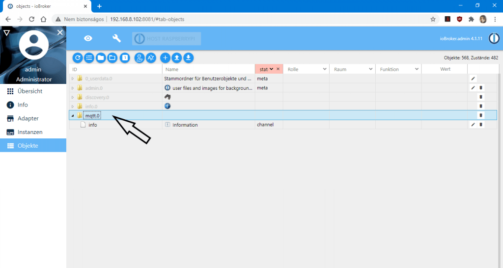 Az Objekte panelon az MQTT adapter Az Objekte panelon az MQTT adapter