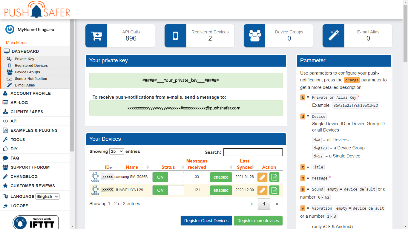 A pushsafer.com oldalon a private key és a Device ID