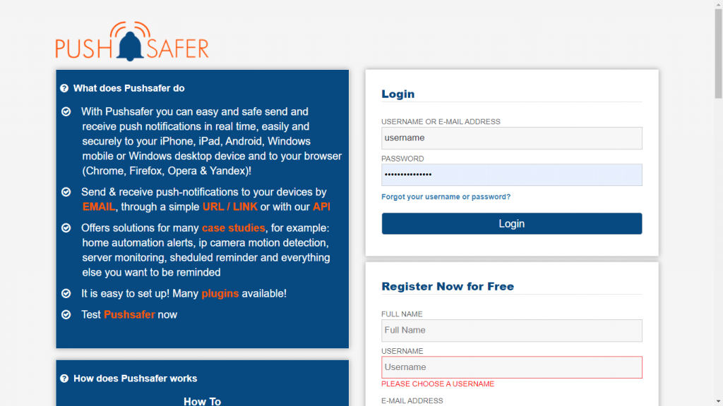 Pushsafer  login or registration