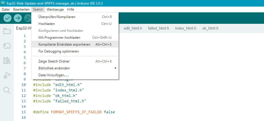 Arduino IDE – Sketch->Kompilierte Binärdatei exportieren