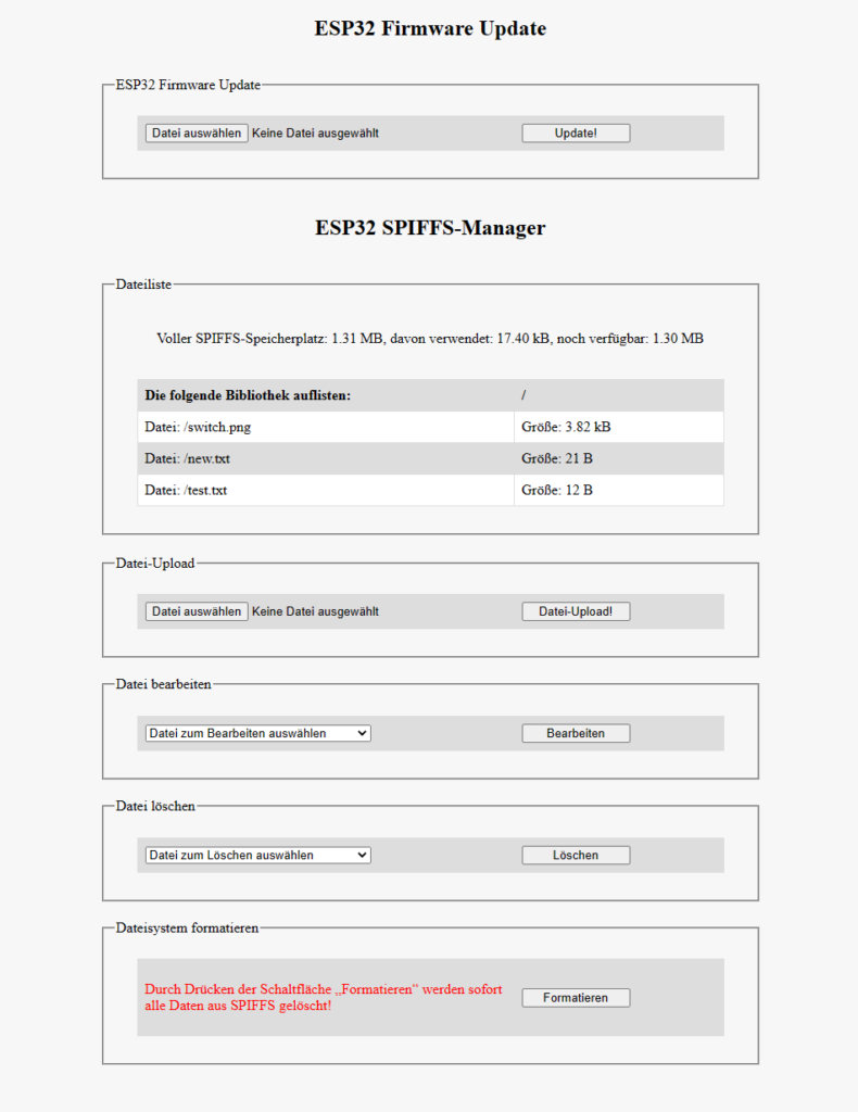 Web Updater und SPIFFS-Dateimanager - Webseite