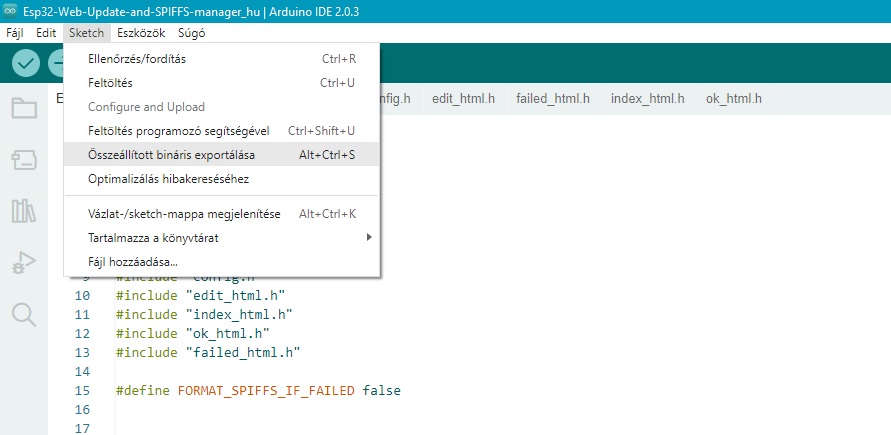 Arduino IDE -  Sketch->Összeállított bináris exportálása