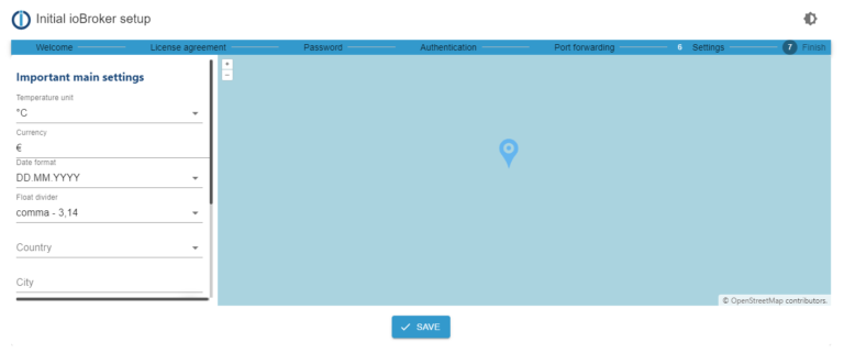 ioBroker default settings iobroker - unit of measurement, location data