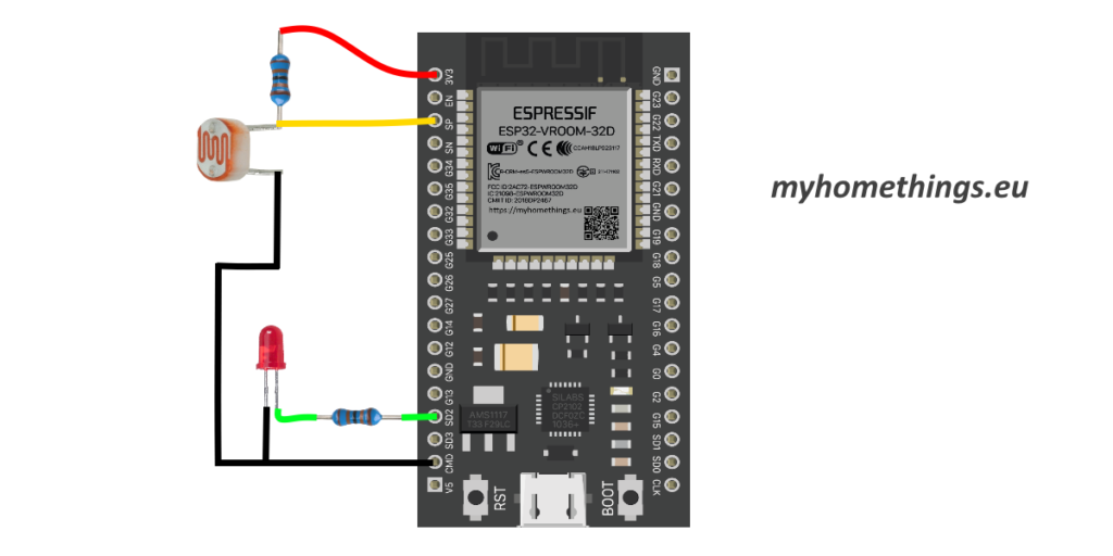 LDR fényérzékelő és LED kapcsolása az ESP32-höz LDR fényérzékelő és LED kapcsolása az ESP32-höz