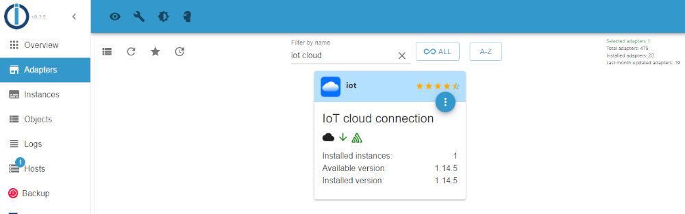 Suchen wir den IoT-Adapter und fügen wir eine Instanz hinzu.