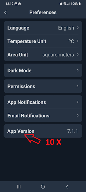 SwitchBot alkalmazás - Preferences almenü - 10x érintsük meg az App Version menüelemet