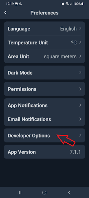 SwitchBot alkalmazás - Preferences almenüben megjelent új menüelem, a DeveloperOptions
