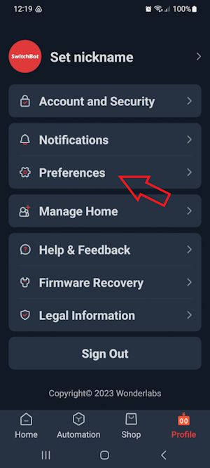 SwitchBot alkalmazás - Profile menü - válasszuk a Preferences menüelemet