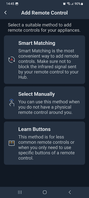 SwitchBot Hub Mini - a távirányító hozzáadásához használandó metódus kiválasztása