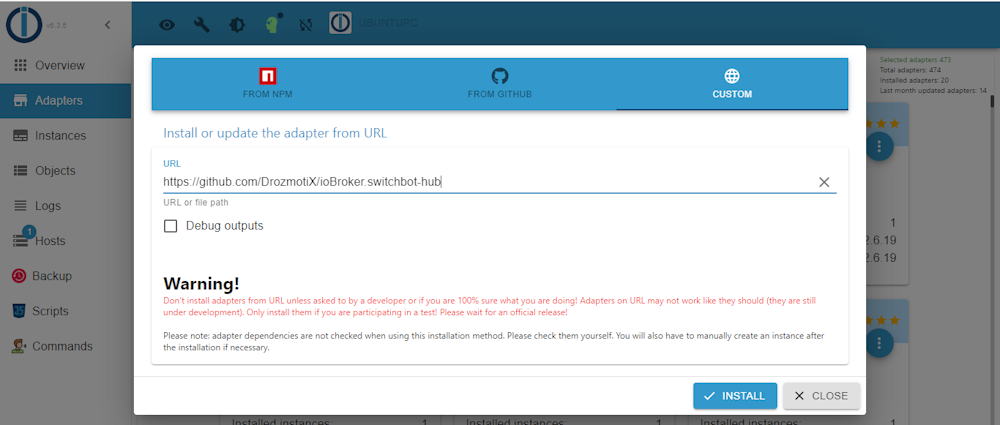 ioBroker - Adapter telepítés egyéni URL-ből