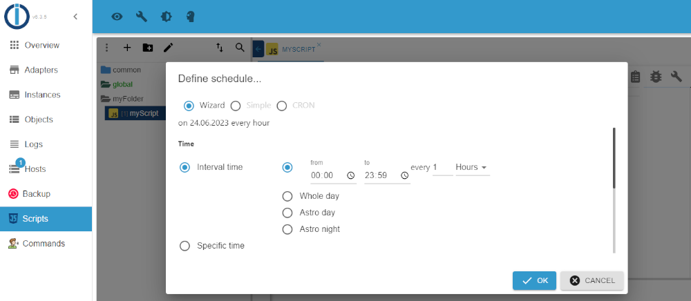 The Clock icon brings up the CRON timer panel. The Clock icon brings up the CRON timer panel.
