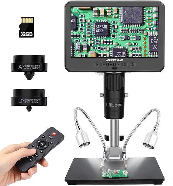 Andonstar AD246S-M HDMI digitális mikroszkóp 7 hüvelykes képernyővel, 2000x, 3 lencsével, 2160P UHD videofelvétellel, digitális mikroszkóp
